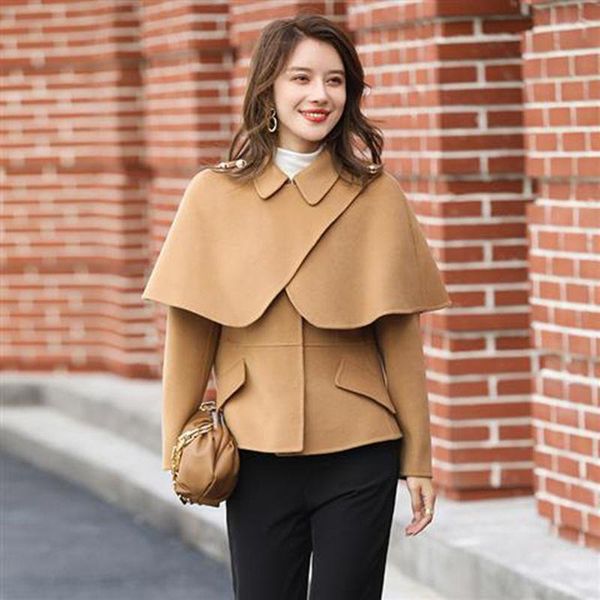 

women's wool & blends cape shawl double-sided cashmere coat korean version temperament short man 2021 winter tweed fashion, Black