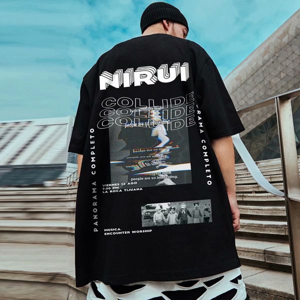 

t shirt hip hop print trendy brand summer ins short sleeve men's loose large round neck half bf, White;black