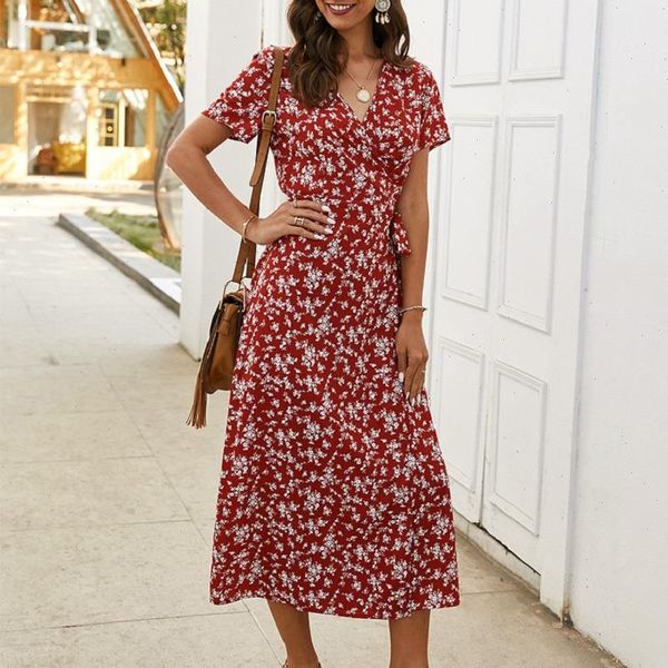 

vintage long floral print summer women dresses beach v neck short sleeve casual slim sundress vestidos, Black;gray