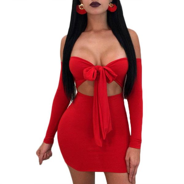 

spring women 2021 long sleeve bandage bodycon mini dress off shoulder strapless solid hollow out club pencil casual dresses, Black;gray