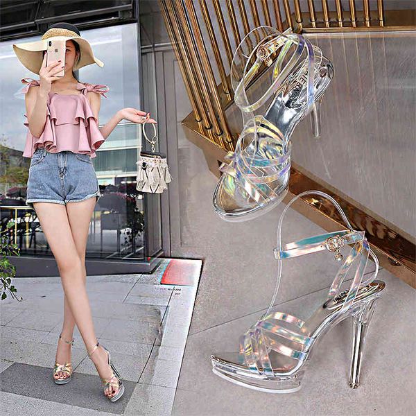 

sandals trendy new high-heeled shoes, color-changing glass strips, fashion sandals, light and luxurious women's shoes sl1j, Black