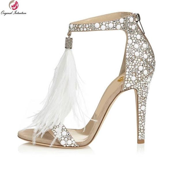 

original intention gorgeous women sandals stylish feather open toe thin heels beige shoes woman plus size 3.5-.5, Black