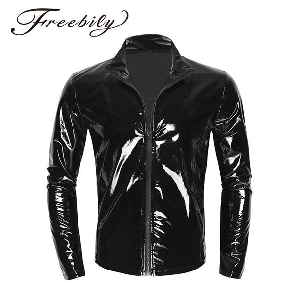 

men's saro long sve et, high collar shirt, front zipper, metallic luster, wet appearance, nightclub style, party cloth, novelty, Black