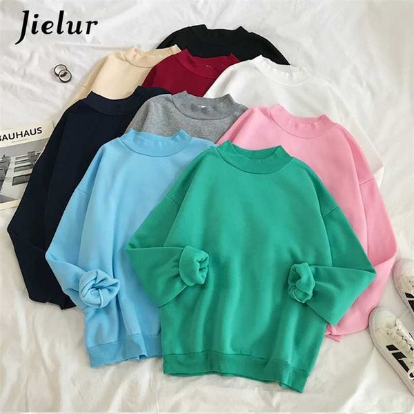 Jielur 9 colori rosa verde o-collo con cappuccio donna autunno inverno pullover felpa donna colore puro allentato tuta M-XXL 211109