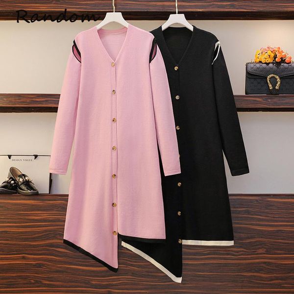 

casual dresses 2021 winter women knitted black pink dress long sleeve single-breasted v neck asymmetry shirt ladies loose fashion cloth, Black;gray