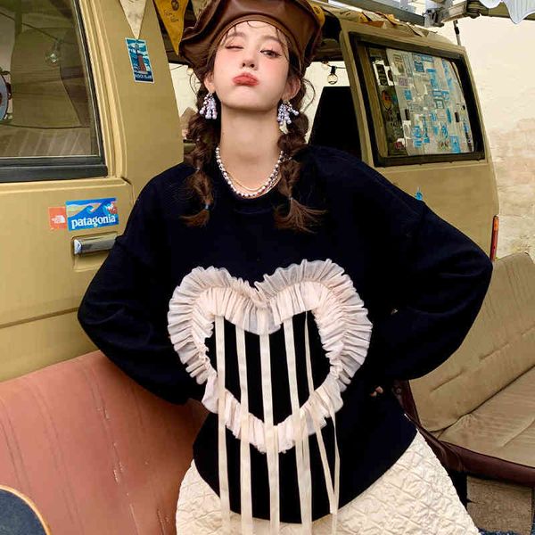 

hoodies 1dw81 girl style niche designer brand winter color contrast love woven loose cotton sweater women's trend, Black