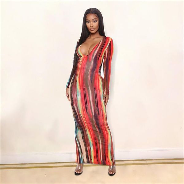 

multicolor tie dyeing print women dress striped long sleeve deep v neck fall autumn bodycon maxi, Black;gray