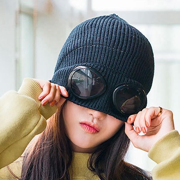 

winter warm hat sports cap heat keeper ear snow cold protector autumn wool knitted goggles beanie leisure thermal fluffy cycling caps & mask, Black
