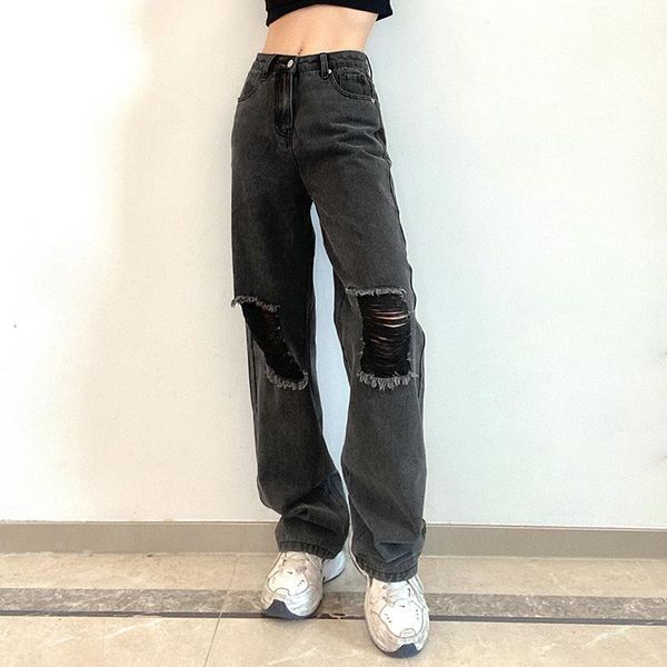 

women's jeans hole ripped black woman distressed casual hip hop pocket straight denim trousers ladies e girl cotton streetwear pants, Blue