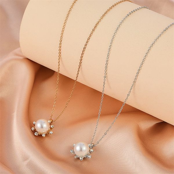 

yamog korean diamond pearl sunflowers pendant necklaces women female alloy geometric sweater chains lady business dress party neck wearing j, Silver