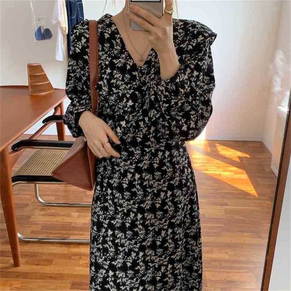 

prom femme florals color-hit printed high street gentle full sleeves loose all match fashion long dresses vestidos 210525, Black;gray