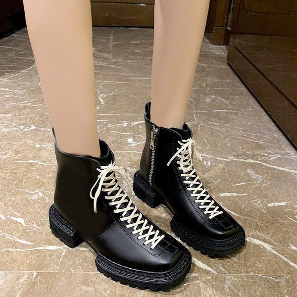 

boots women motorcycle punk black square head 2021 autumn comfortable woman shoes lace-up pu female