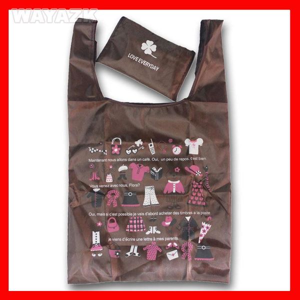 

shopping bags (100pcs/lot) 210d folding brown nylon reusable bag