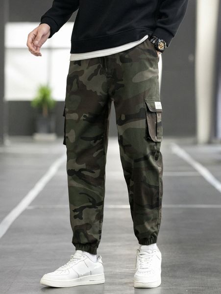 

men camo print pocket side pants j51u#, Black