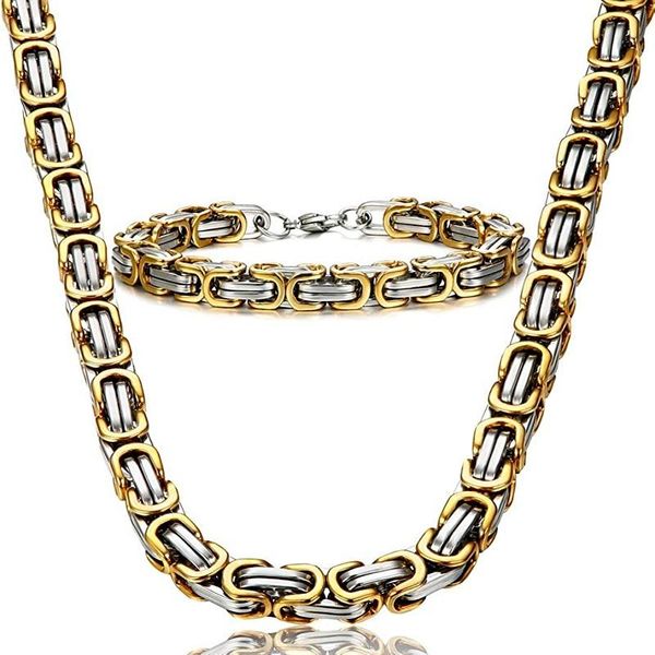 

chains stainless steel square byzantine nacklace bracelet jewelry set men basic cubic 4mm 6mm 8mm wide gold franco curb solid metal diy, Silver