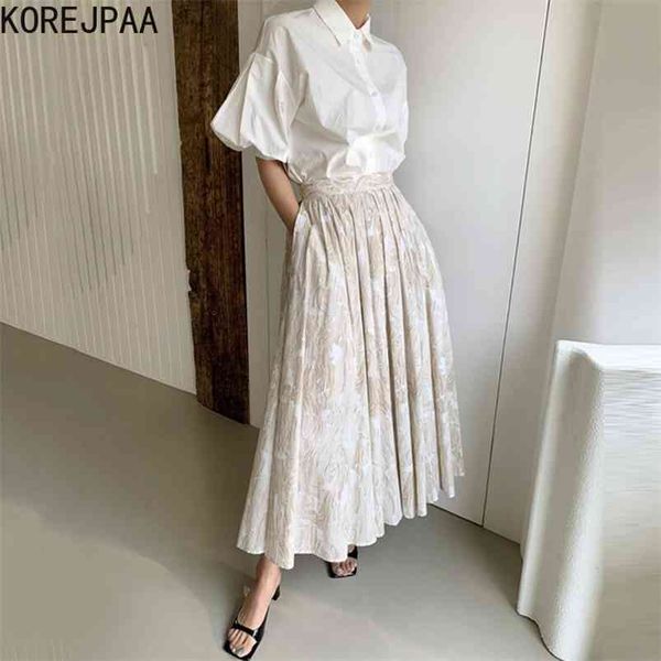 

korejpaa women set summer korea chic simple temperament matching lapel collar puff sleeve shirt high waist ink print skirt 210730, White