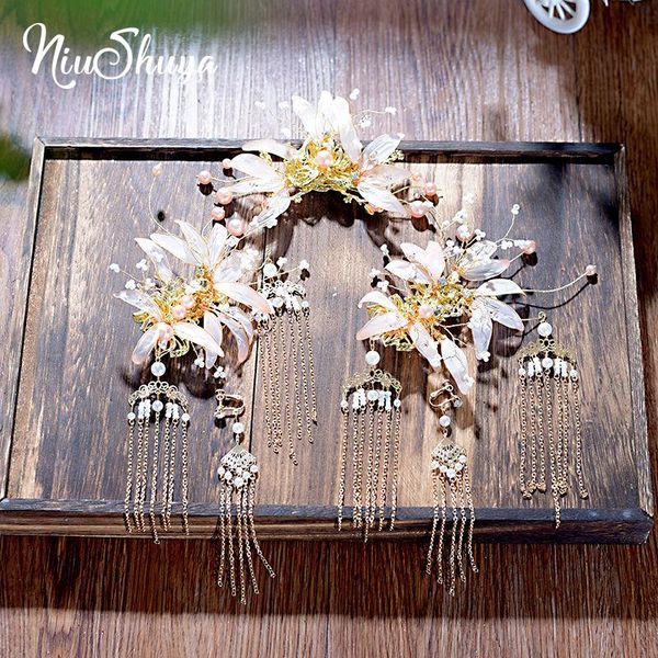 

niushuya chinese hanfu traditional classical tassel hairpin hair accessories elegant wedding flower headwear for women clips & barrettes, Golden;silver