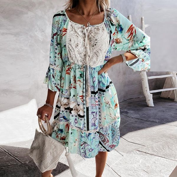 

casual dresses women elegant lace patchwork summer floral dress three quarter sleeve loose party streetwear female vestidos, Black;gray