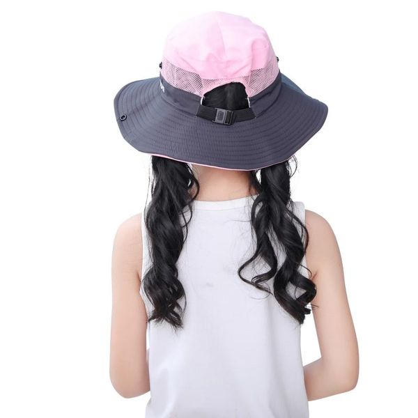 

kids girls ponytail summer sun hat wide brim uv protection bucket cap women outdoor foldable safari fishing hats, Black;white