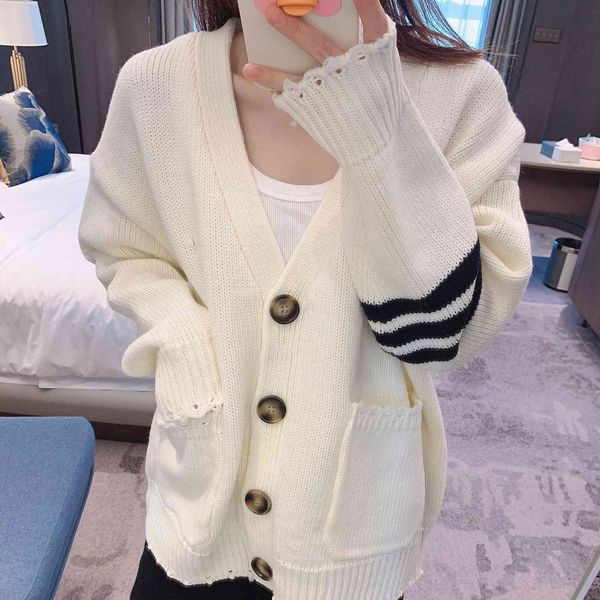 

white loose outer wearing tb sweater knitted cardigan 2021 autumn and winter new worn four bar women's coat trend, White;black