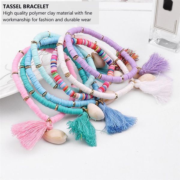 

charm bracelets 1 pc tassel bracelet bohemian style ethnic jewelry women hand ornament 6mm round polymer clay beads handmade, Golden;silver