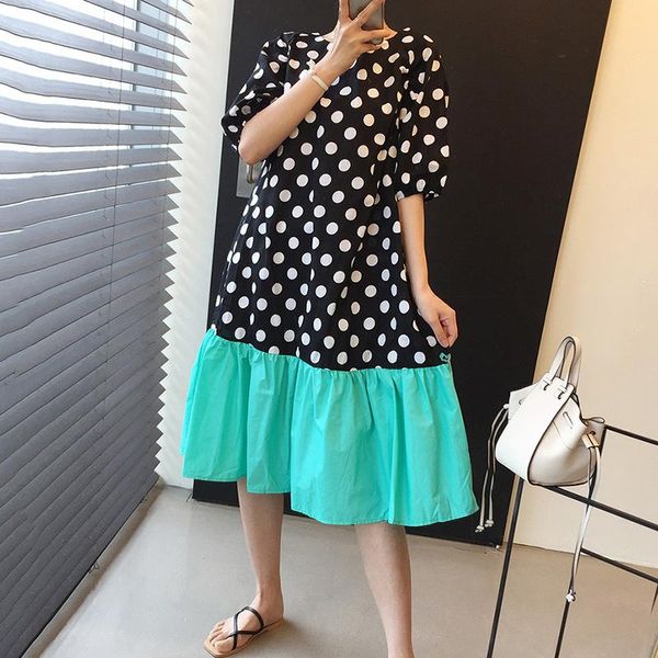 

casual dresses [ewq] korean summer elegant holiday style small fresh o-neck polka dot contrast stitching loose puff sleeve dress women 16w82, Black;gray