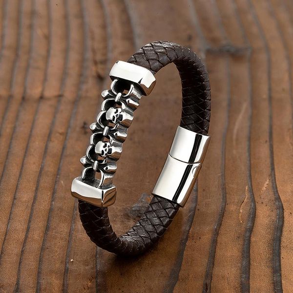 

beaded, strands hip hop punk charm leather braided rope bracelet men's stainless steel magnetic gift, Black