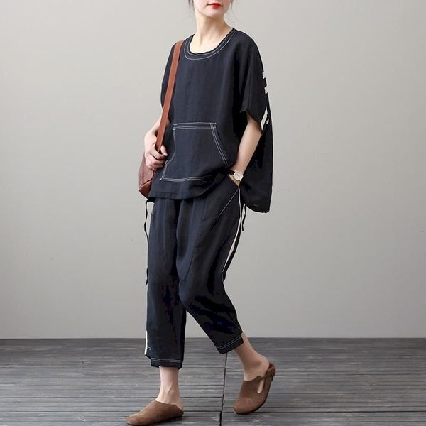 

women's t-shirt summer womens suit cotton linen cover meat slim korean loose large size t-shirt casual harem pants two-piece s i6i, White