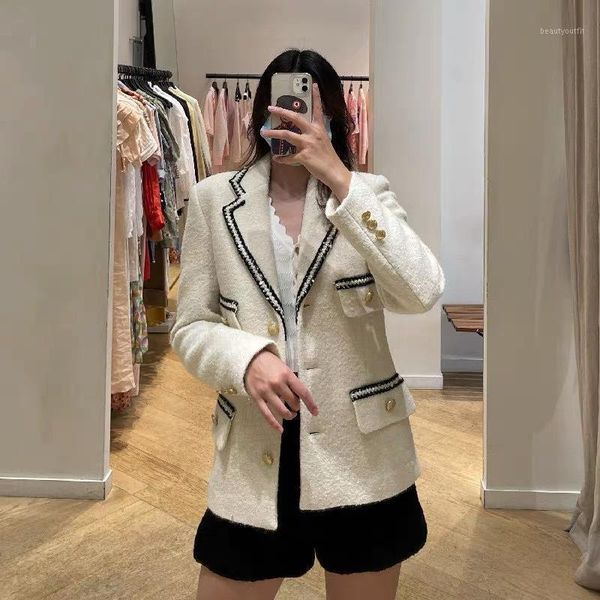 

women's suits & blazers women coat 2021 early autumn knitted trim solid color tweed jacket, White;black