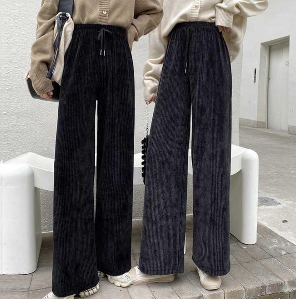 

simple retro falling gold velvet wide-leg pants women autumn and winter 2021 loose high-waist straight-leg casual trousers women's & ca, Black;white