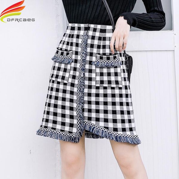 

skirts winter skirt 2021 latest korean fashion ladies with pockets cotton high waist a line tassel plaid 2 colors faldas, Black