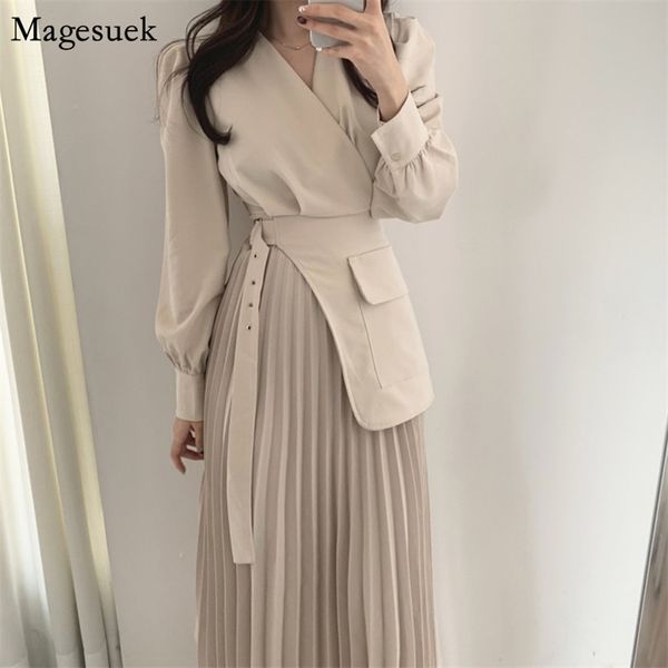 

spring v-neck pleated party dress women femme robe draped long office woman elegant side buckle es 12789 210512, Black;gray