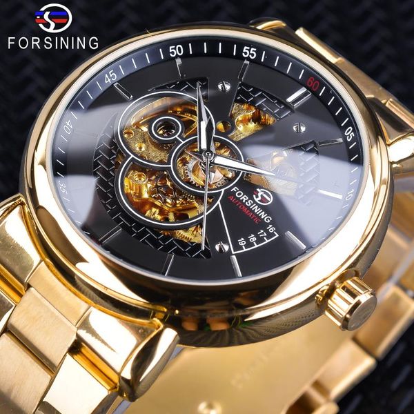 

wristwatches forsining black golden openwork clock luminous hands design gold stainless steel men's automatic watches top, Slivery;brown