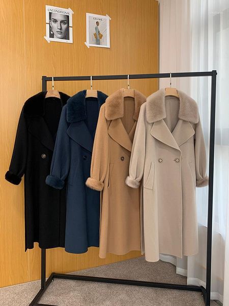 

women's wool & blends luxury ladies real woon coats outerwear vintage oversized genuine cuff trench, Black