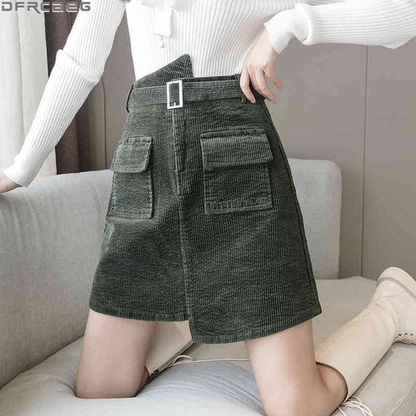 

casual dresses autumn and winter skirts female streetwear high waisted mini jupe femme corduroy belt asymmetrical woman green gray, Black;gray