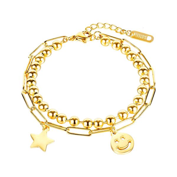 

japan and south korea star smiling face titanium steel bead double layer bracelet women's net red personality versatile accessories, Golden;silver