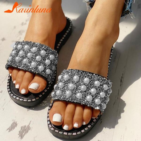 

karin 2021 sequined cloth dropship slippers woman shoes slip on low heel platform summer lady footwear, Black
