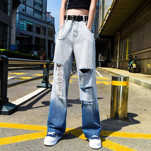 

women's jeans high waisted tie dye ripped for women 2021 summer fashion punk clothes teenage straight leg hole pants harajuku streetwea, Blue