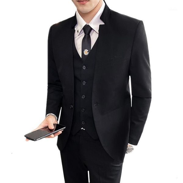 

pure color men formal dress suits black gray slim fit mens business wedding groom fashionable stand collar suit men's & blazers, White;black