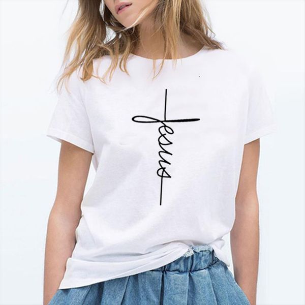 

summer short sleeve jesus christian womens t shirt cross printing graphic female tee, White