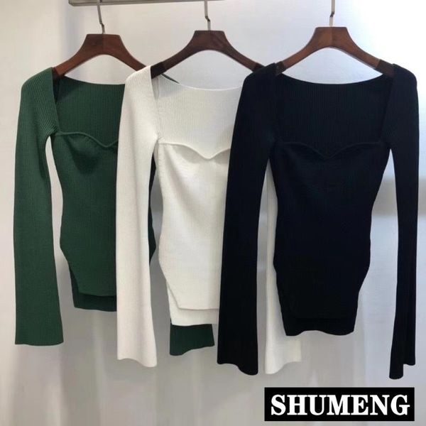 

women's sweaters spring and autumn fashion women clothes knitted shirt low cut sqaure collar full sleeve stretch sweater pullovers, White;black