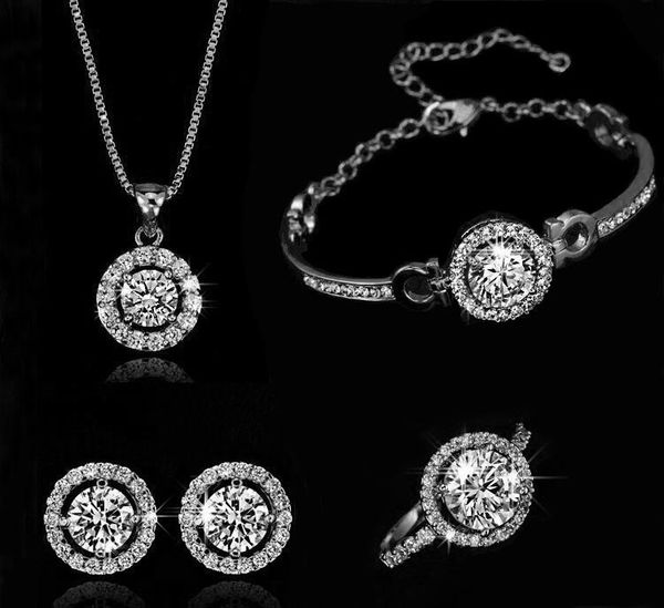 

fashion 18k gold silver plated austrian crystal necklace earrings ring wedding jewelry set for women, Slivery;golden