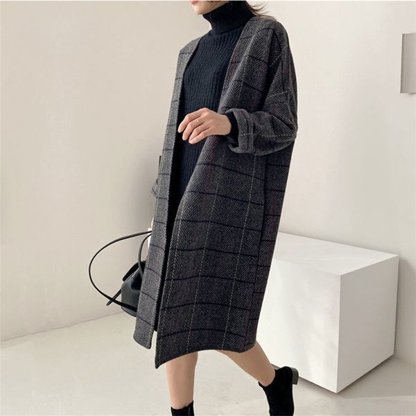 

wool women coats open stitch french long casual plaid warm female office lady retro oversize loose woolen chic coat, Black