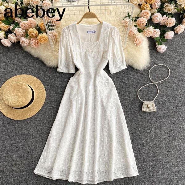 

women sweet french dress square collar puff sleeve hollow a-line office es summer fashion streetwear split 210512, Black;gray