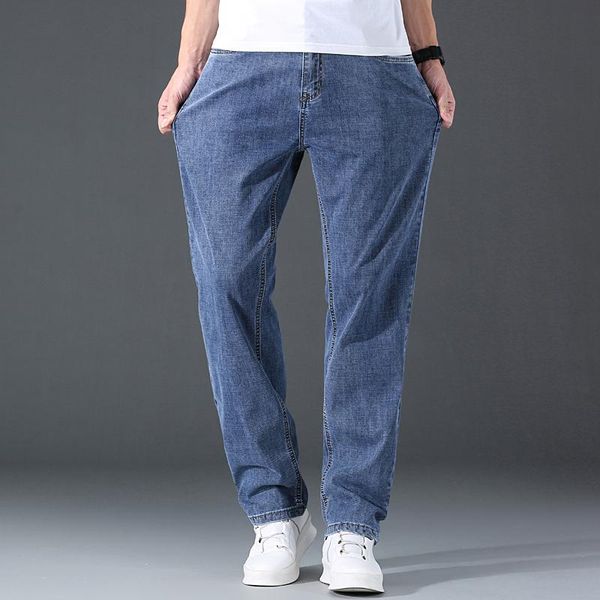 

men's jeans business high waist thin loose classic fashion all-match stretch straight-leg pants soft denim trousers male brand, Blue