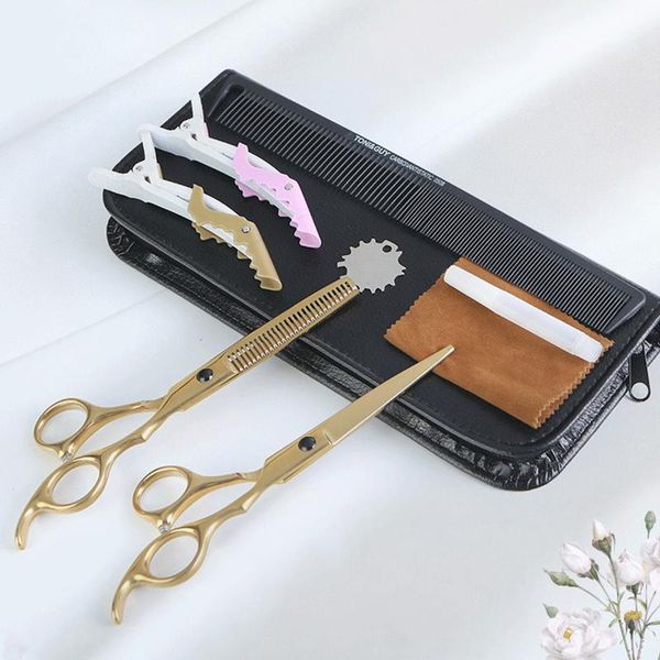 

hair scissors hairdressing set gold electroplating 6 inch stainless steel flat for thinning bangs home haircut