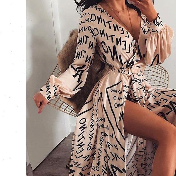 

spring summer autumn dress women sleepwear letter print boho v neck long slit maxi beach robe femme casual loose dresses, Black;red