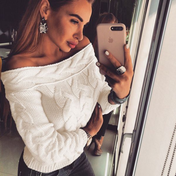 

new autumn knitted sweater women off shoulder long sleeve pullover fashional women sweater and pullovers 210419, White;black