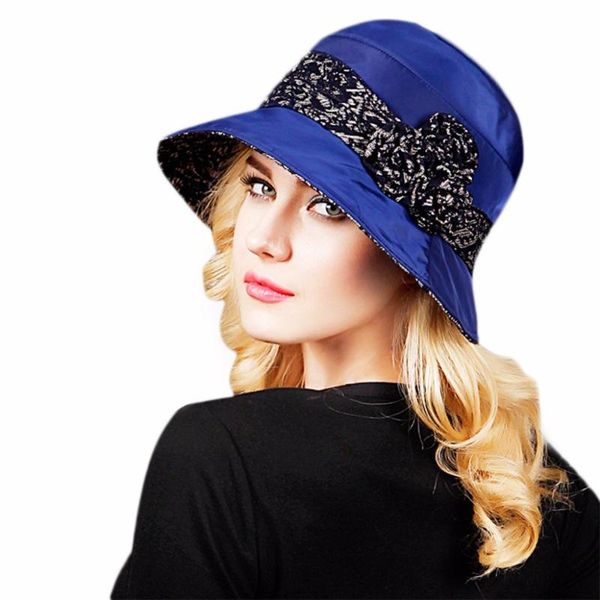 

stingy brim hats fashion autumn winter women's fedora caps bucket for woman lady elegant england dome bowknot flower hat, Blue;gray