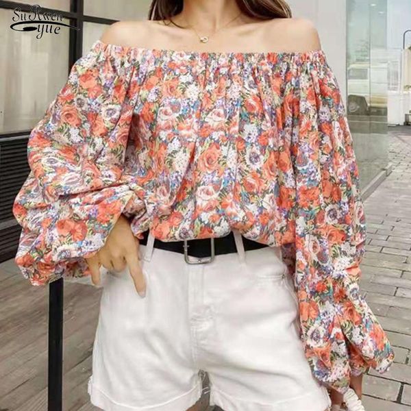 

women's blouses & shirts 2021 summer style gentle lady retro print woman shirt one-shoulder noble female blusas mujer de moda 15605, White